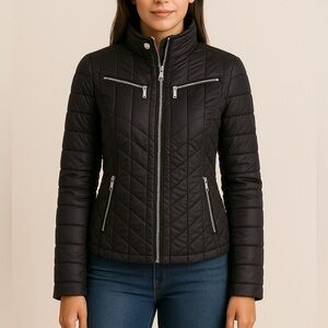 Laundry By Shelli Segal Black and Silver Quilted Jacket, large